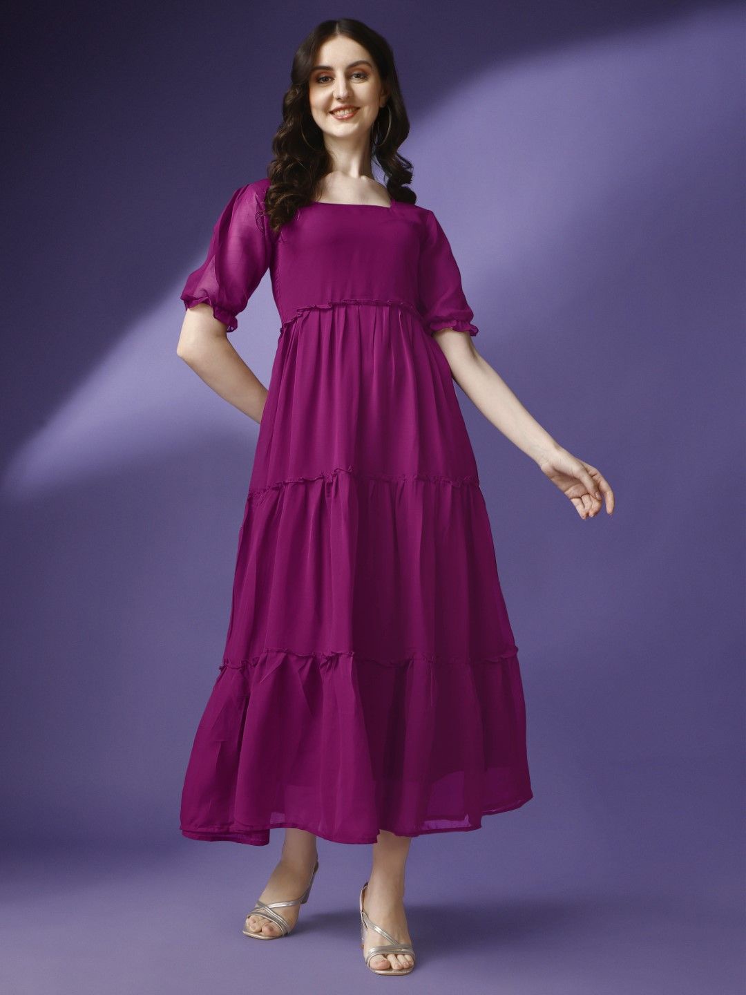 

Raiyani Fashion Bell Sleeve Applique Georgette Fit & Flare Maxi Dress, Magenta