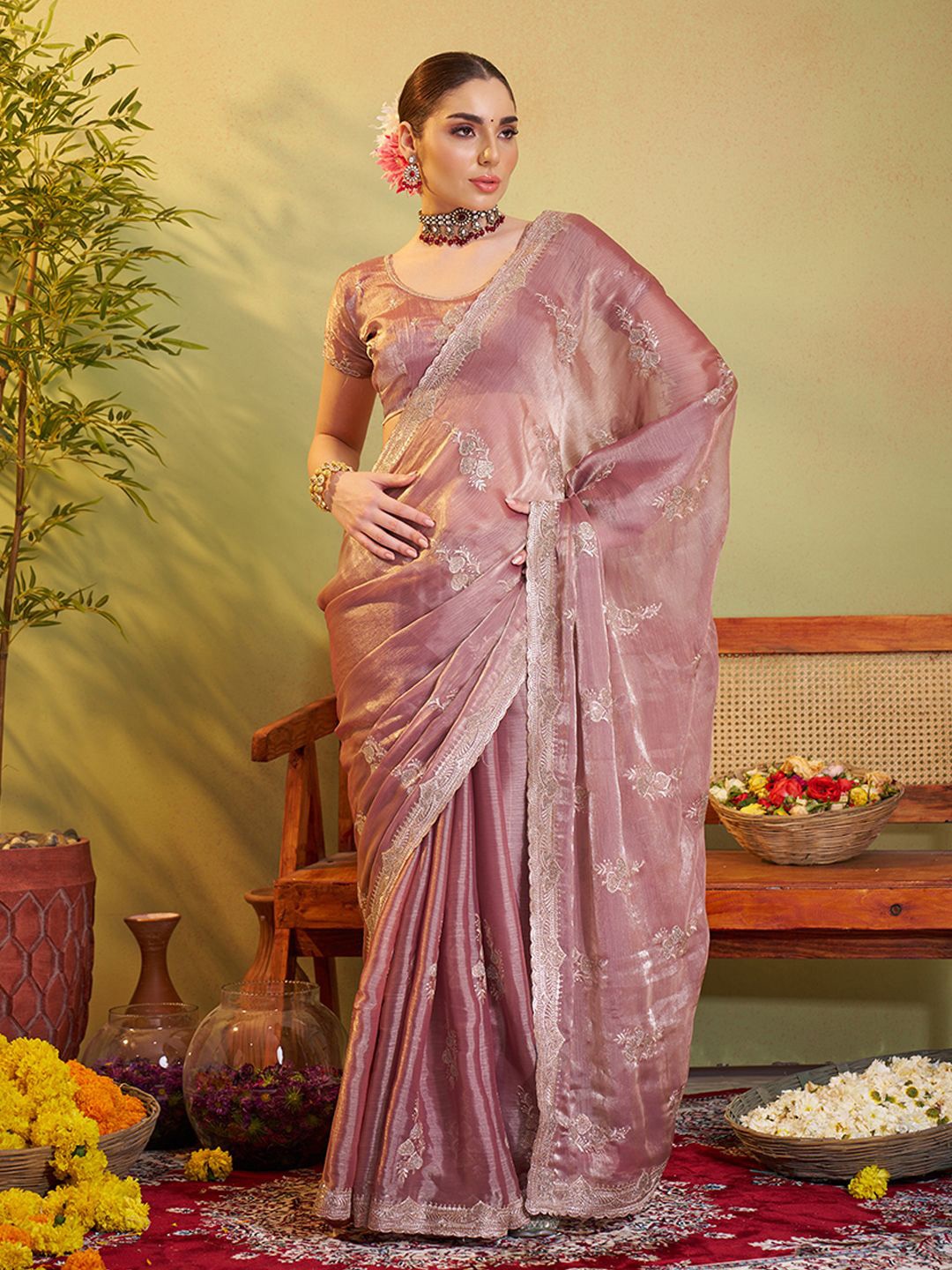 

modeva Embellished Sequinned Satin Saree, Rose gold