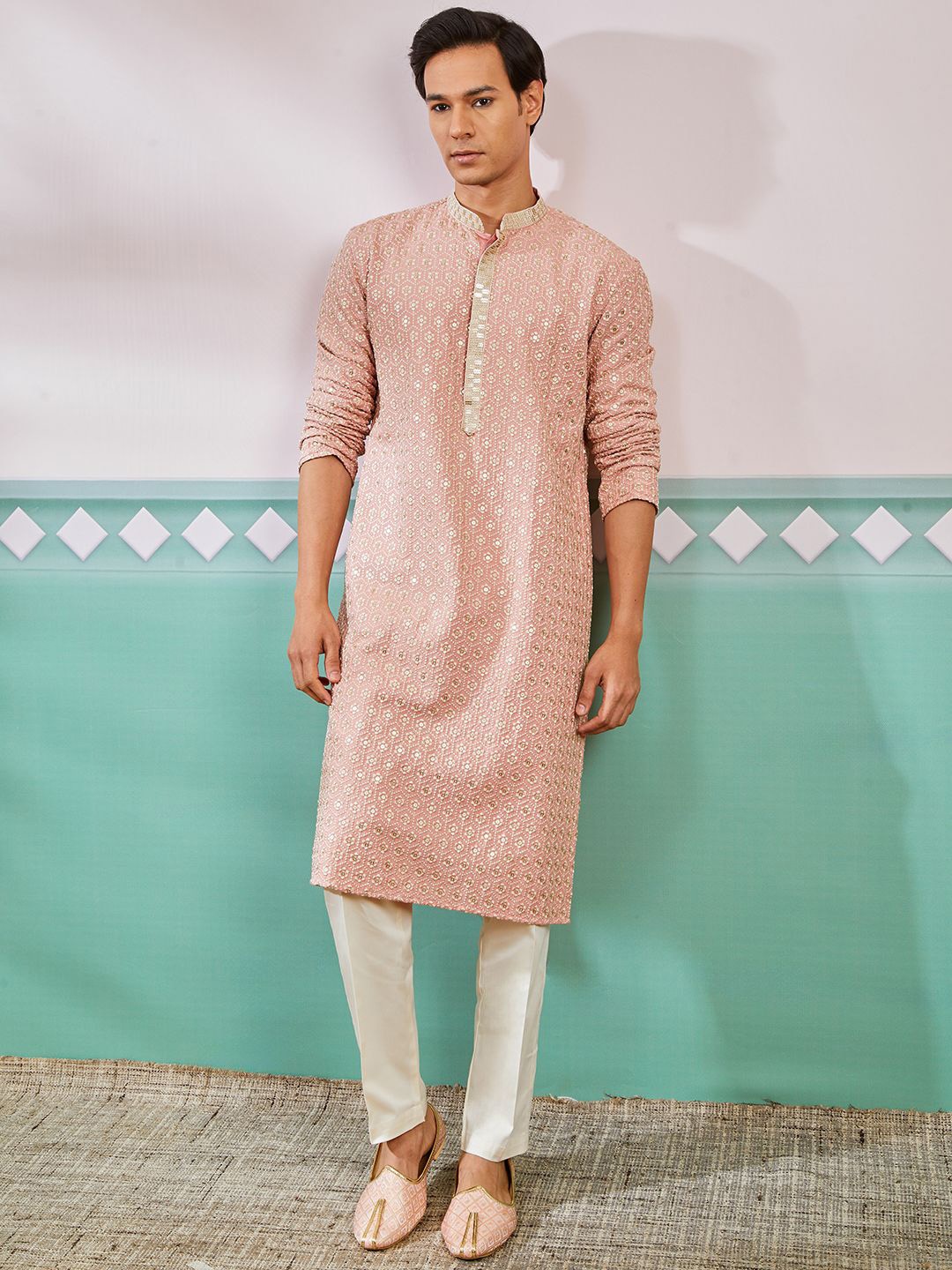 

VASTRAMAY Men Ethnic Motifs Embroidered Regular Sequinned Kurta with Trousers, Peach