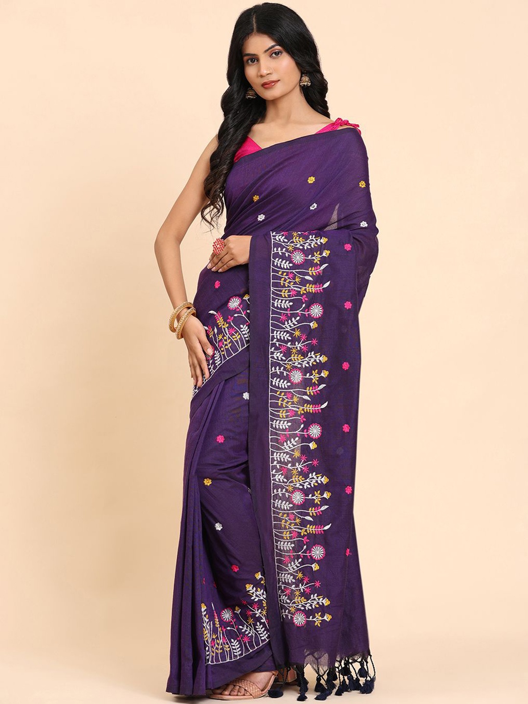 

BAPS Floral Embroidered Pure Cotton Saree, Purple