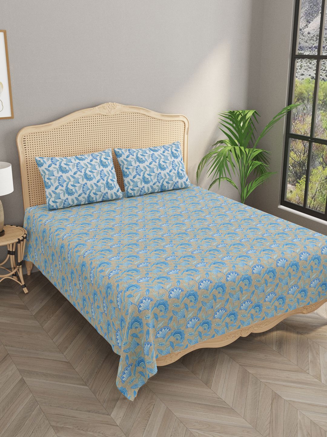 

Gulaab Jaipur Brown & Blue Floral 400 TC King Bedsheet with 2 Pillow Covers