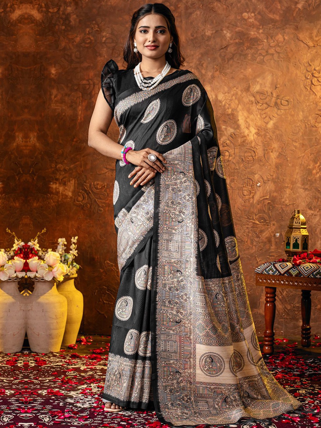 

Saree mall Ethnic Motifs Silk Cotton Tussar Sarees, Black