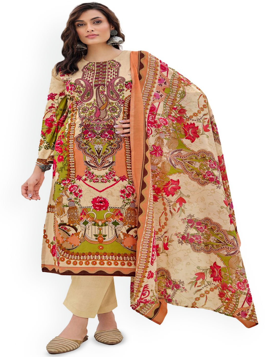

DRAVINAM Trends Embroidered Pure Cotton Unstitched Dress Material, Cream