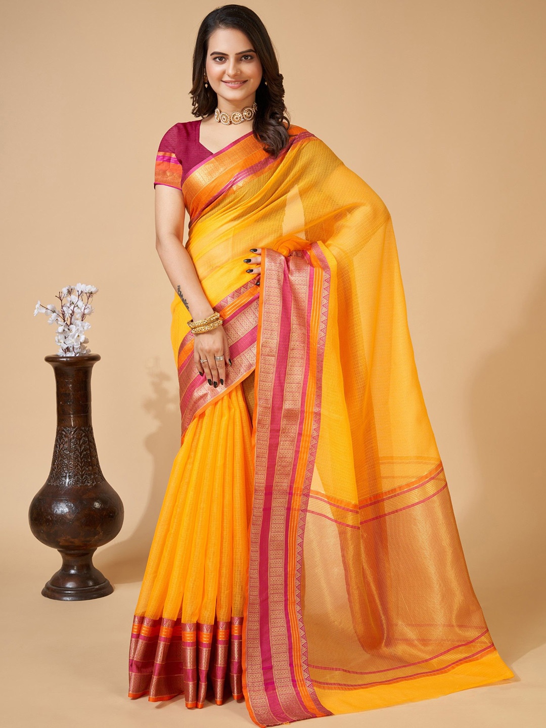 

Rangtulika Ethnics Zari Silk Cotton Saree, Yellow