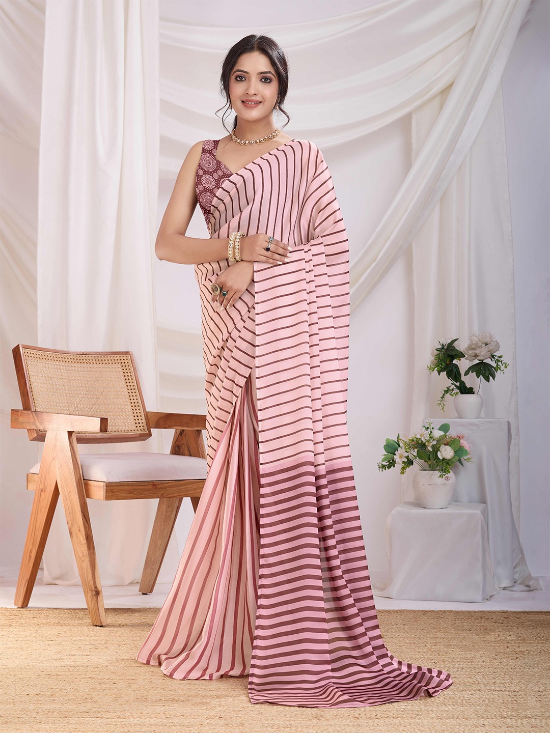 

DIVASTRI Striped Satin Ready to Wear Saree, Pink