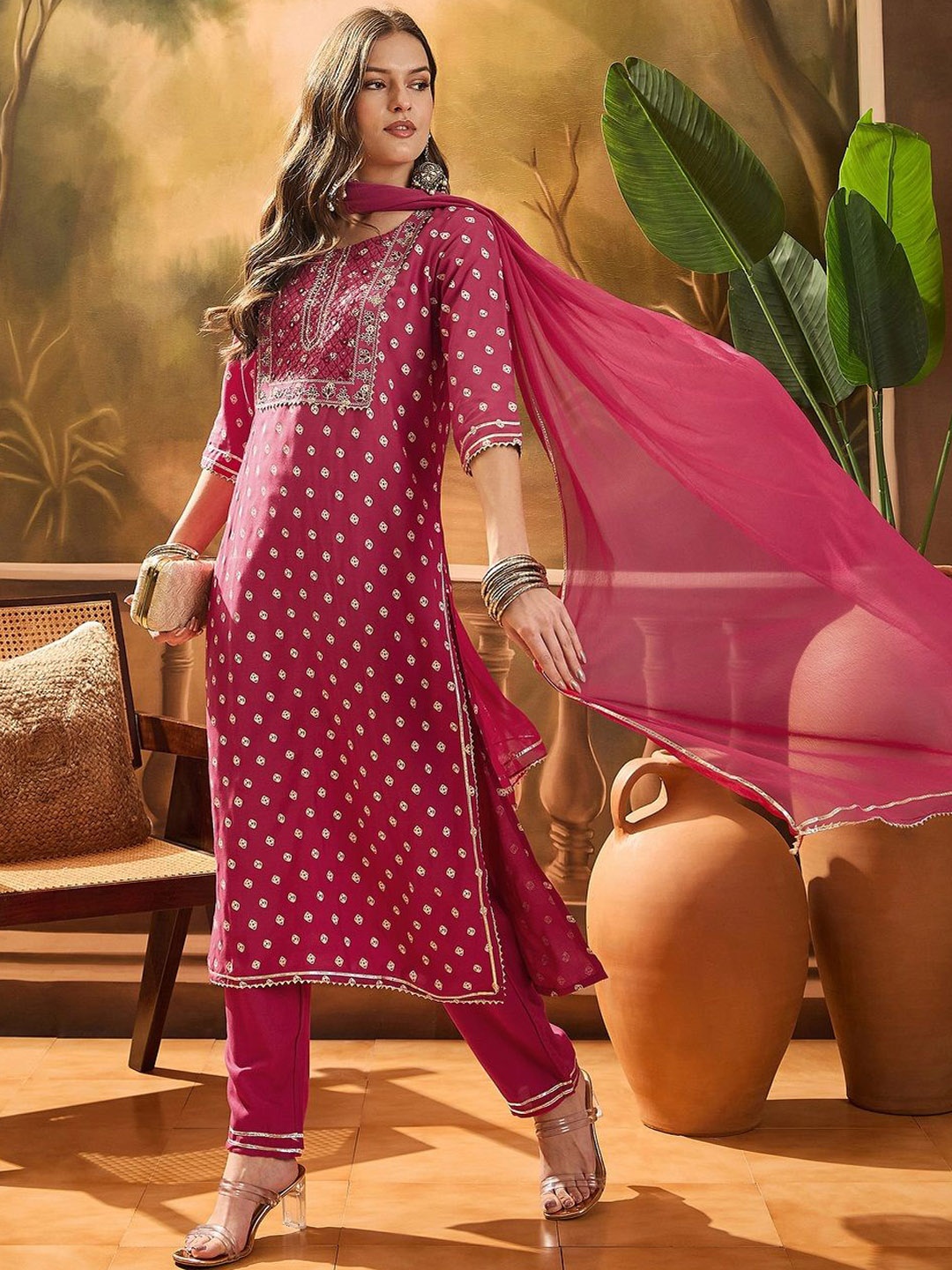 

Sangria Bandhej Printed & Embroidered Straight Kurta Trousers & Dupatta, Pink