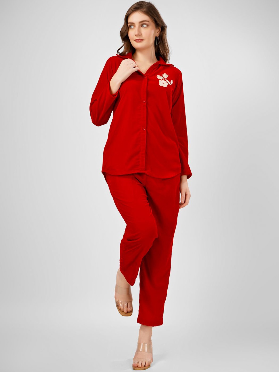 

SUNFAIRY Shirt Collar Neck Shirt With Trousers Co-Ords, Red