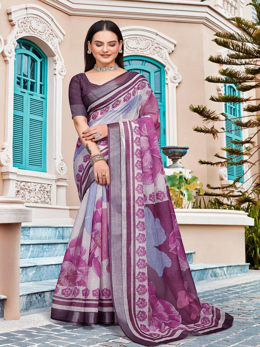 

TRENDING KART Floral Zari Linen Blend Chanderi Saree, Pink