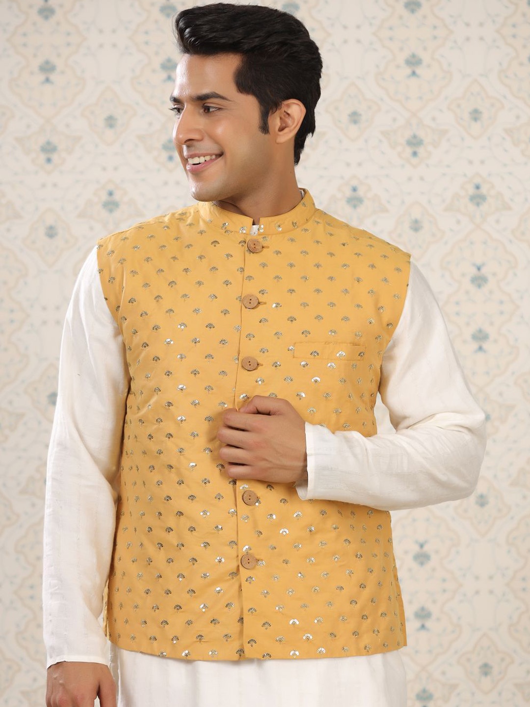 

Ode by House of Pataudi Embellished Woven Nehru Jacket, Beige