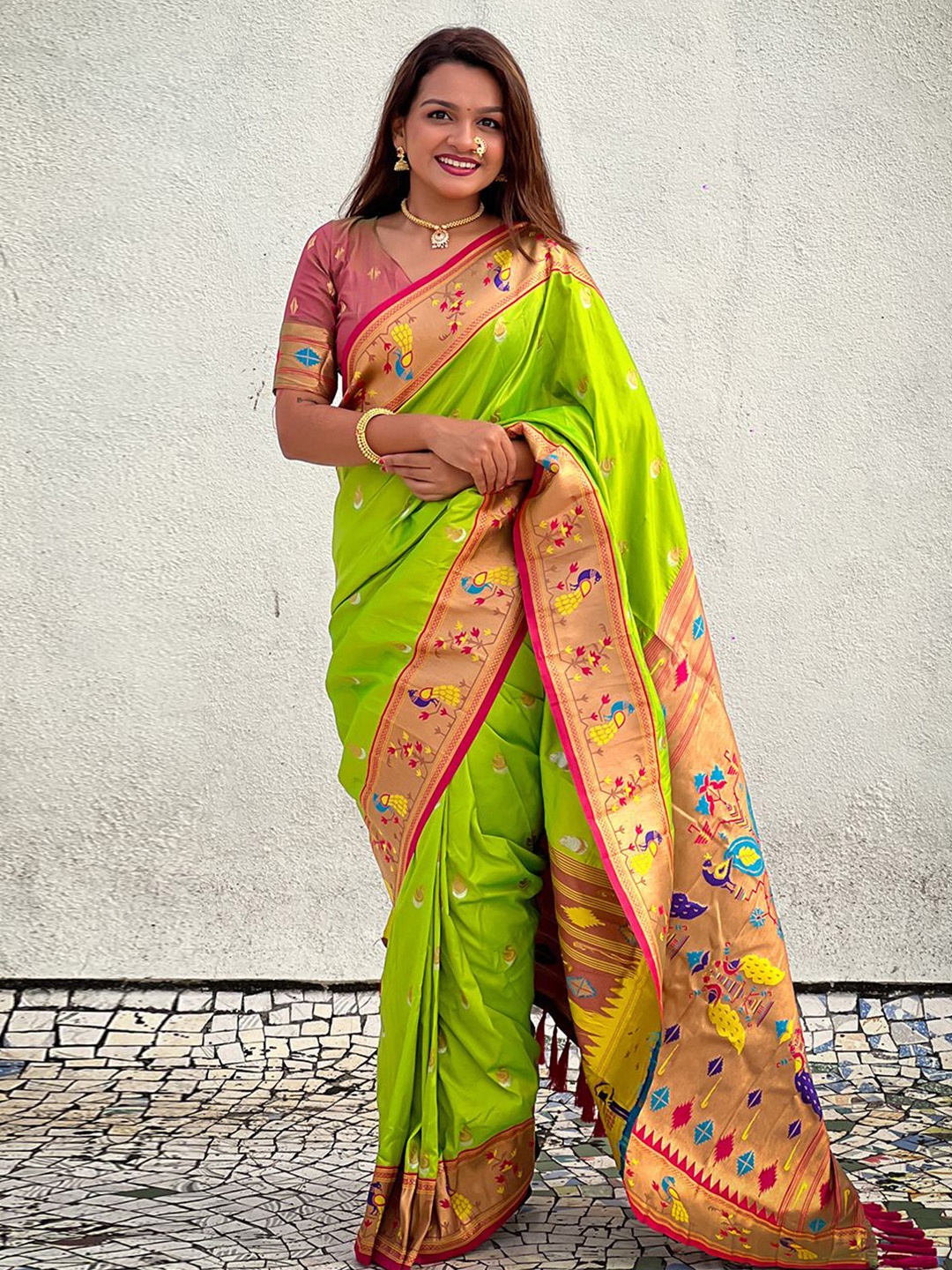 

all about you Woven Design Zari Silk Blend Paithani Saree, Lime green