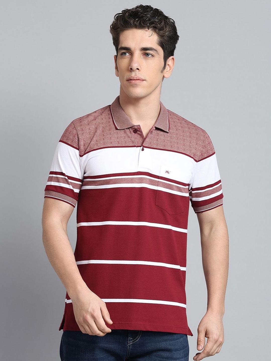 

Monte Carlo Men Striped Polo Collar Pockets T-shirt, Maroon