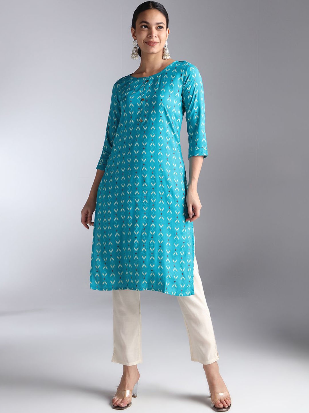 

House Of Dharaa Women Geometric Printed Sequinned Kurta, Turquoise blue