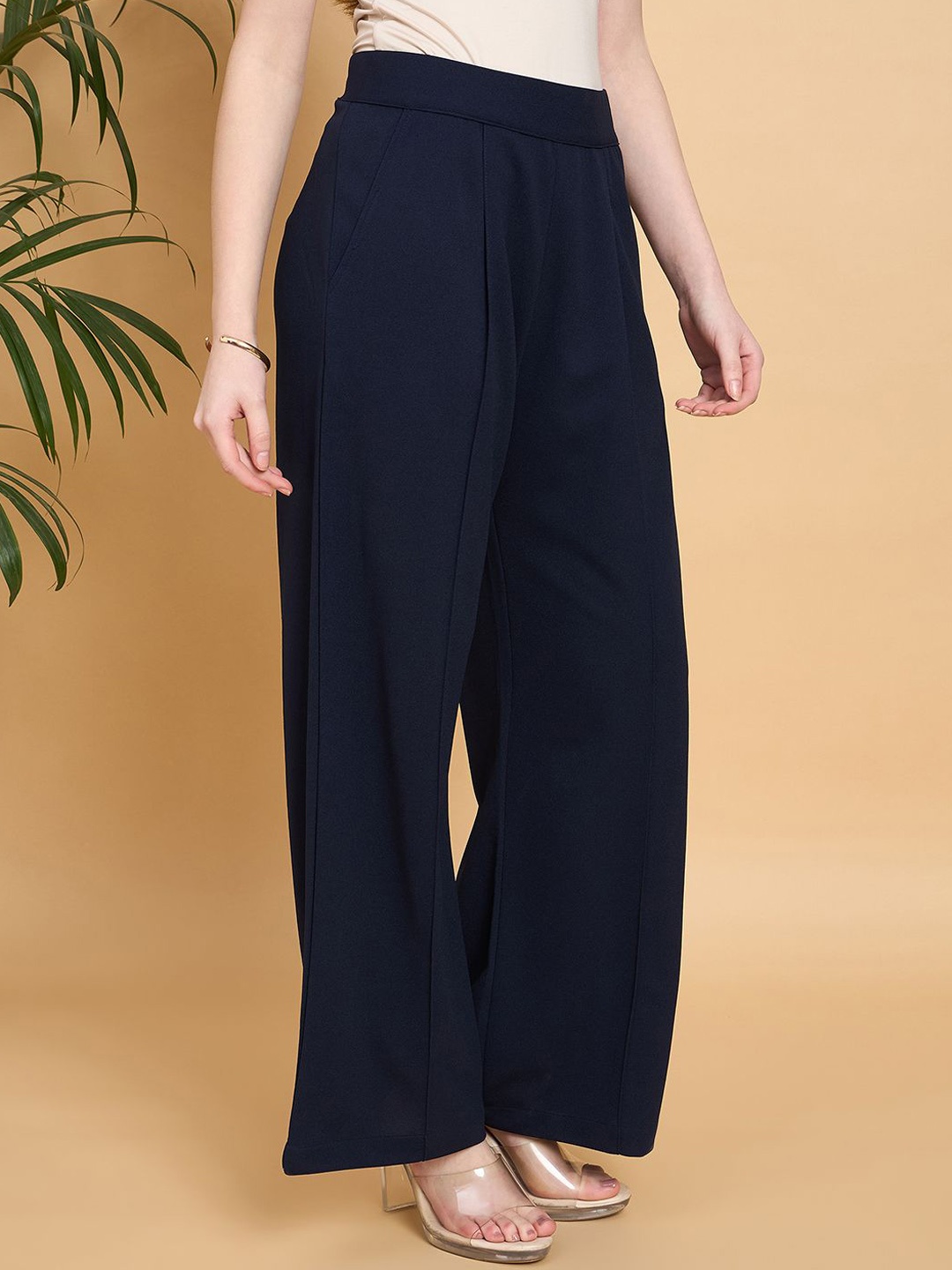 

JUNE & HARRY Women Relaxed Straight Leg High-Rise Pleated Trousers, Navy blue