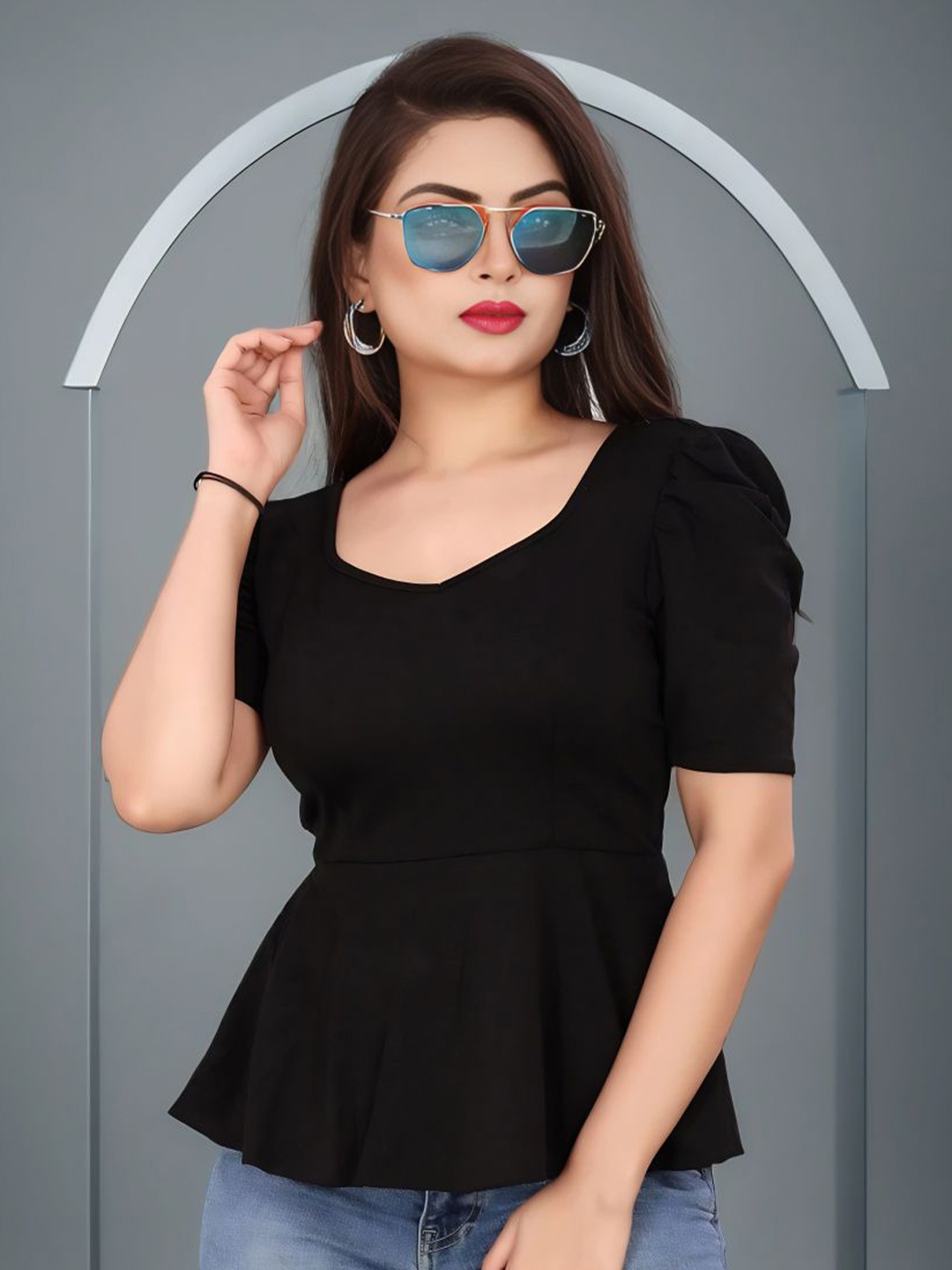 

Moda Rapido Puff Sleeve Cotton Top, Black