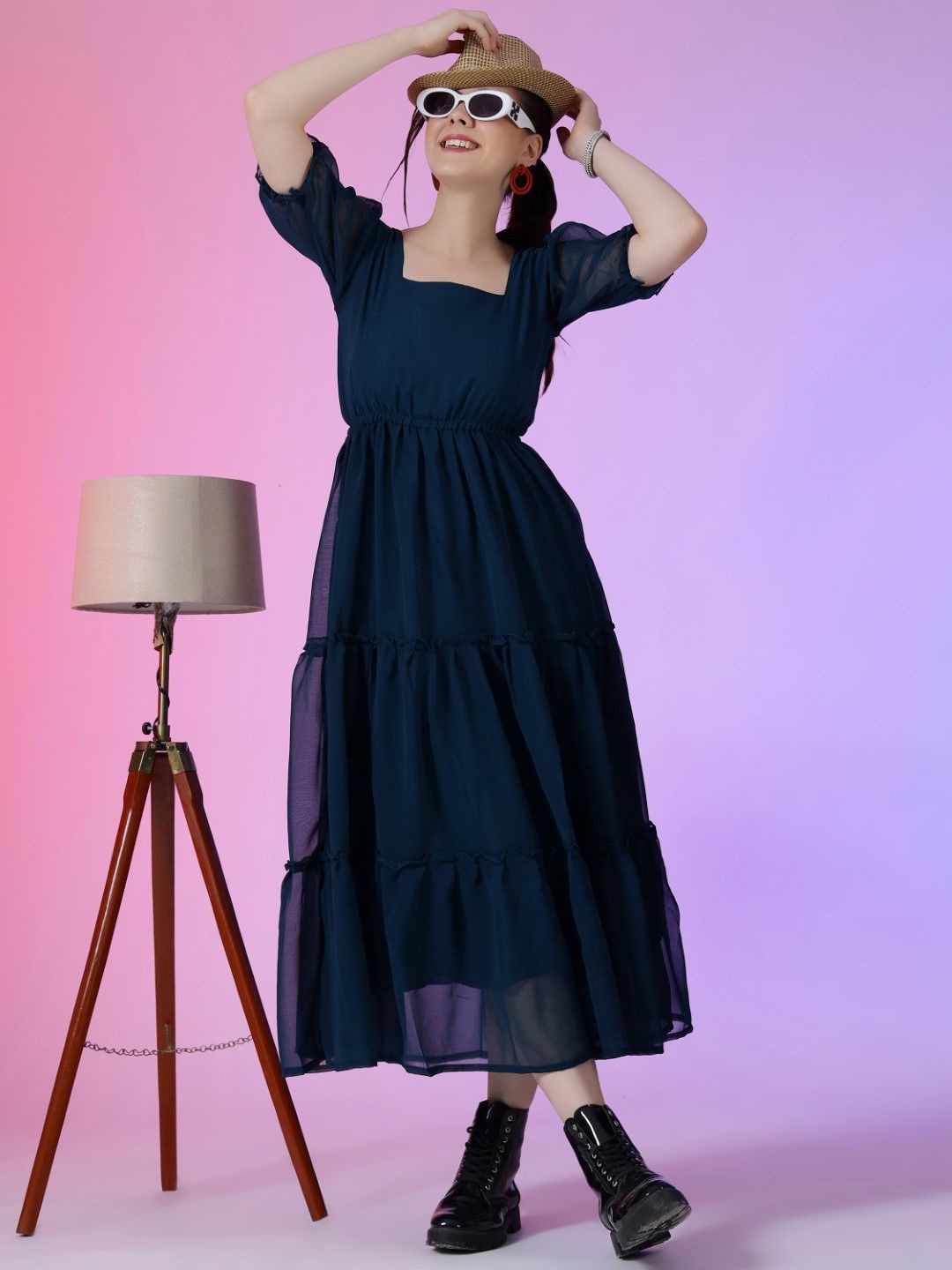 

Raiyani Fashion Bell Sleeve Applique Georgette Fit & Flare Maxi Dress, Blue