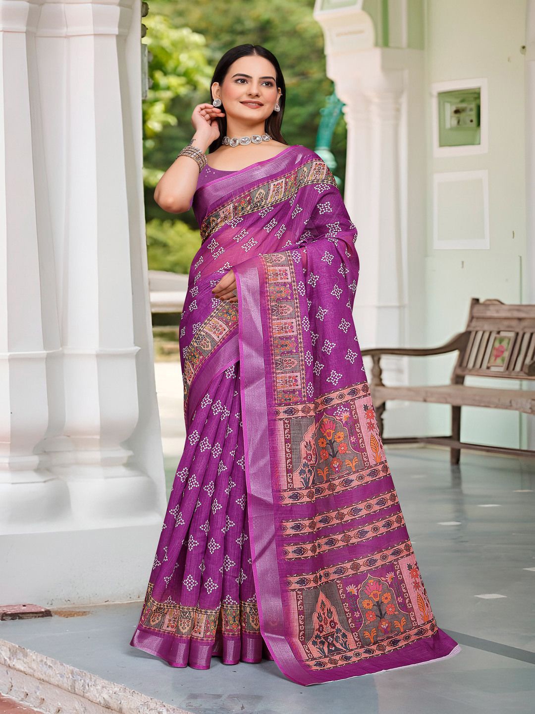 

TRENDING KART Ethnic Motifs Linen Blend Chanderi Saree, Pink