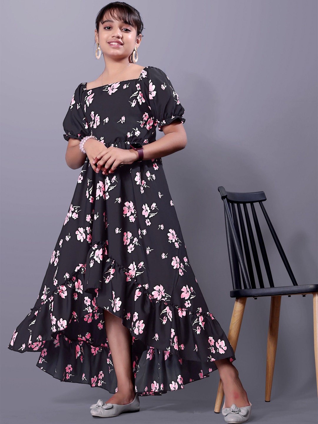 

Aarya Designer Floral Print Puff Sleeve Ruffled Crepe Fit & Flare Maxi Dress, Black