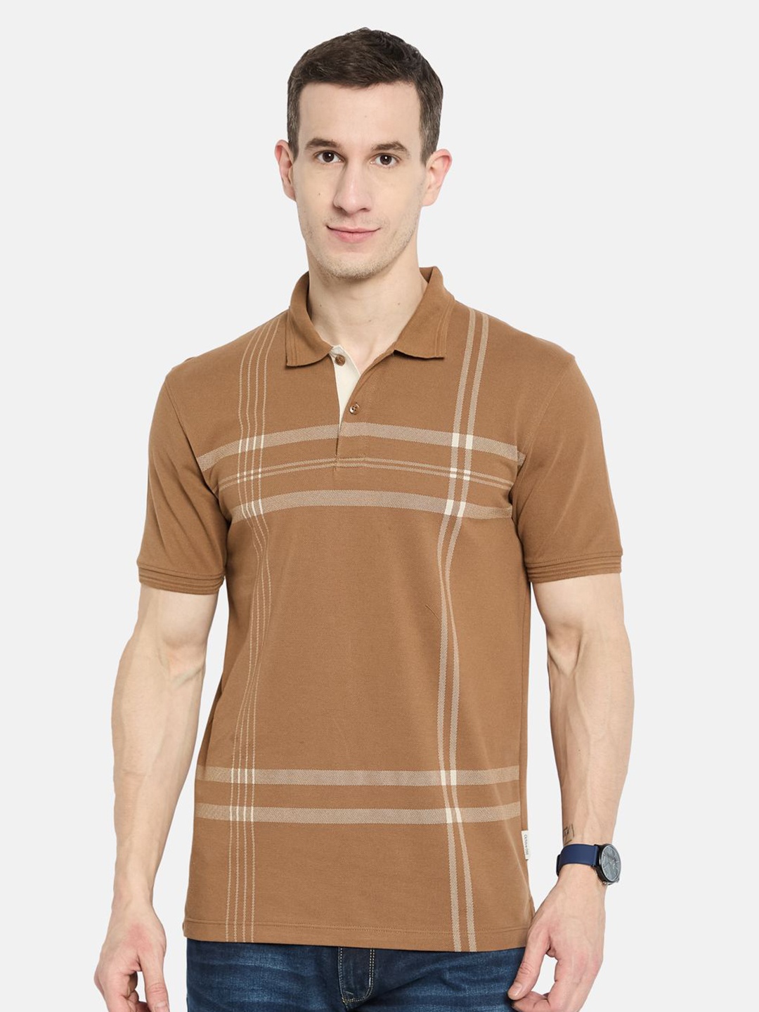 

Octave Men Striped Polo Collar T-shirt, Brown