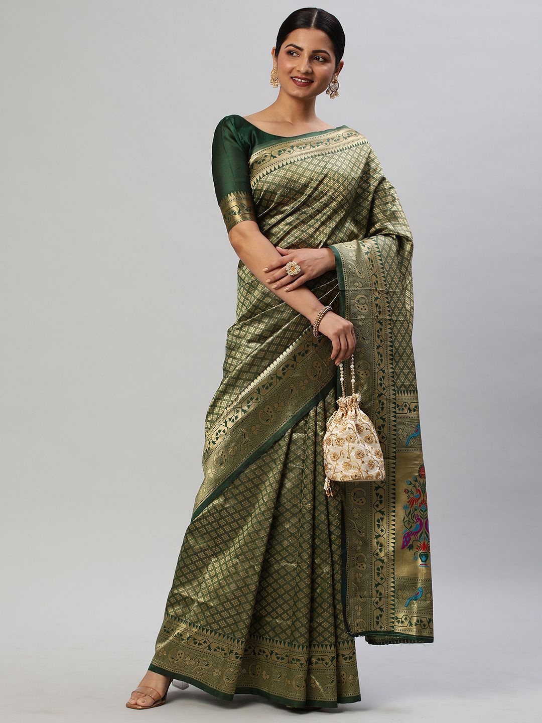 

KALINI Woven Design Zari Silk Blend Kanjeevaram Saree, Green
