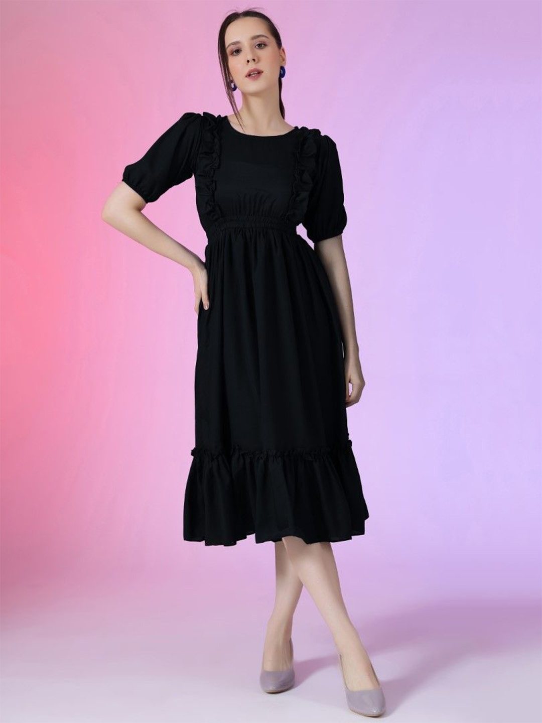 

Jash Creation Puff Sleeve Applique Fit & Flare Dress, Black