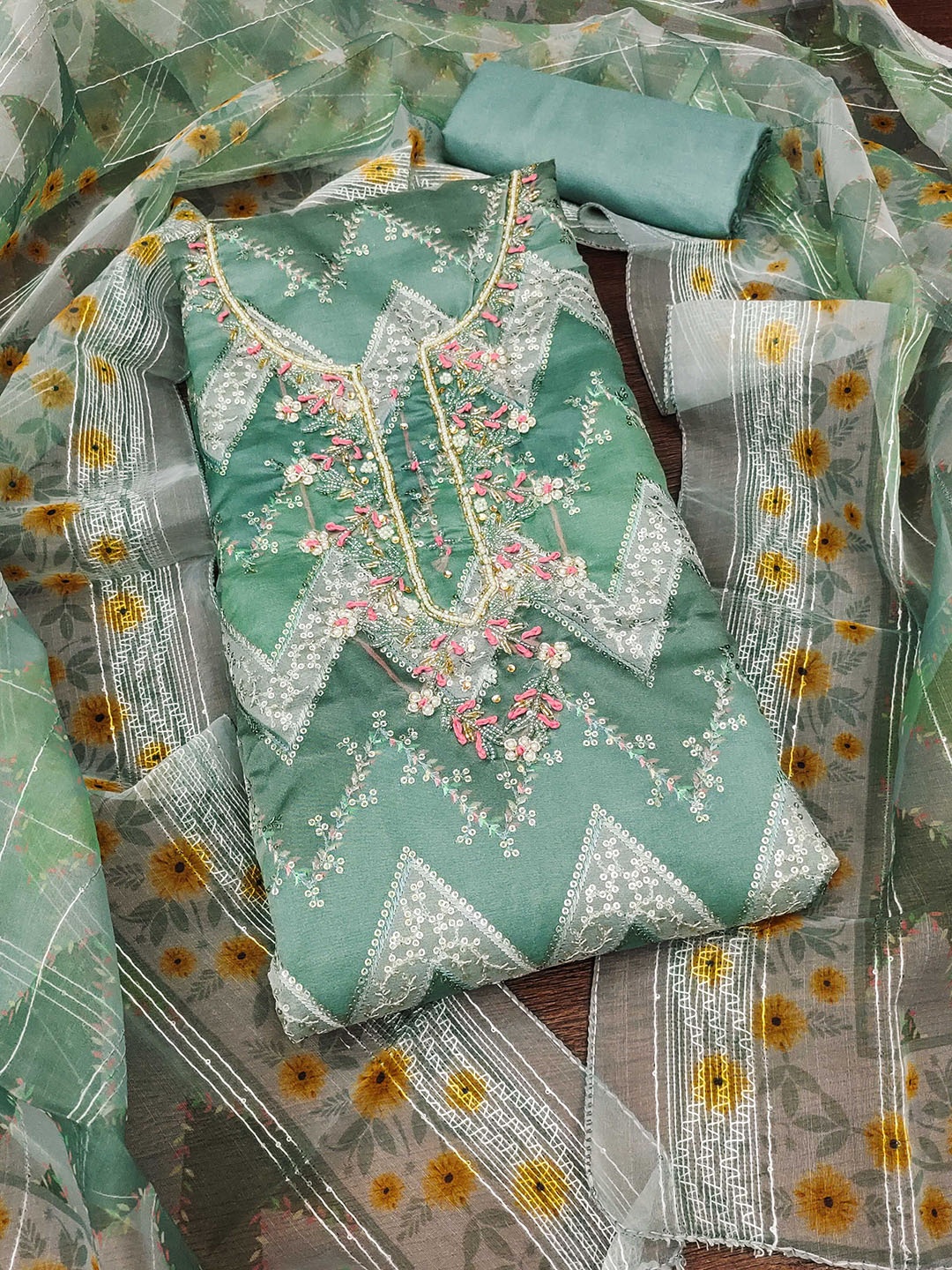 

SAINOOR Embroidered Organza Semi-Stitched Dress Material, Green