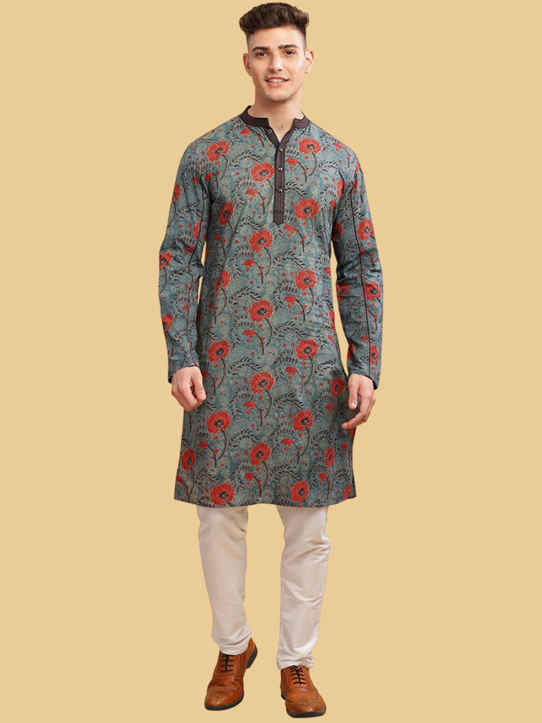

Arch element Men Floral Printed Mirror Work Kurta, Brown