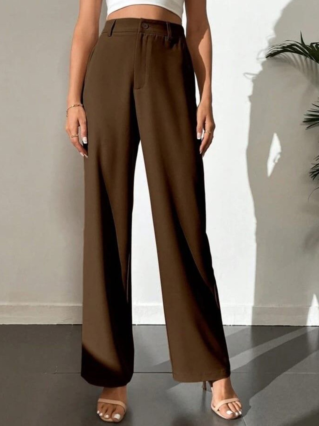 

BROADSTAR Women Smart Straight Fit High-Rise Easy Wash Trousers, Brown