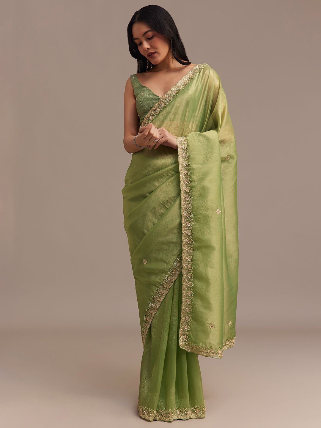 

KALKI Fashion Embellished Beads and Stones Tissue Designer Saree, Green
