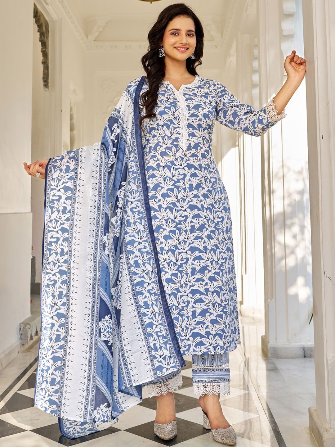 

Moda Rapido Women Floral Printed Regular Thread Work Kurta with Trousers & With Dupatta, Blue