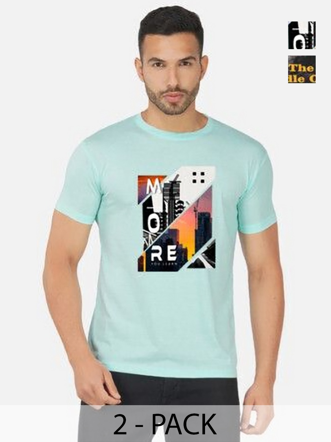 

GLOBAL NOMAD Men 2 Printed Bio Finish Applique T-shirt, Turquoise blue