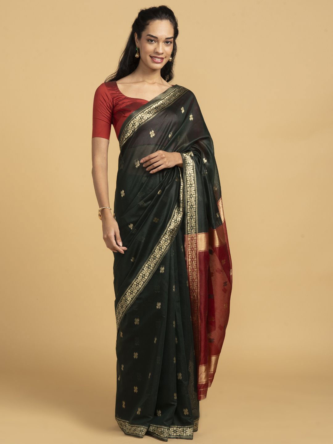 

Saaki Woven Design Zari Silk Cotton Saree, Green