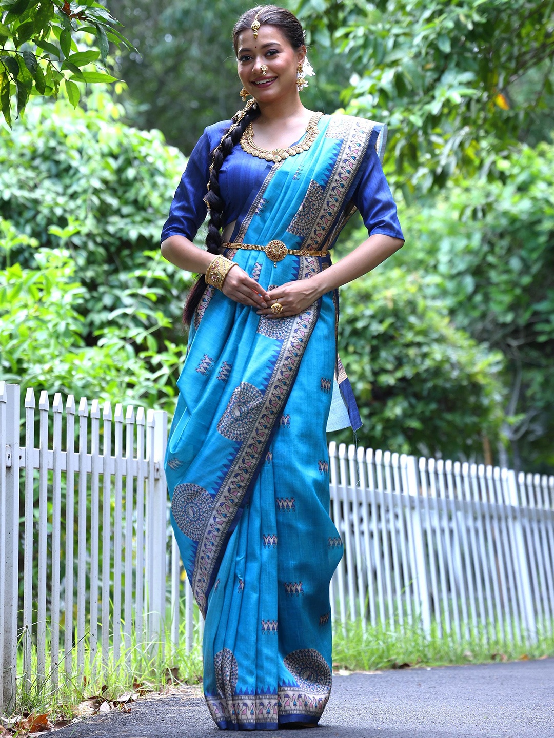 

Divyadham Textiles Warli Pure Silk Saree, Turquoise blue