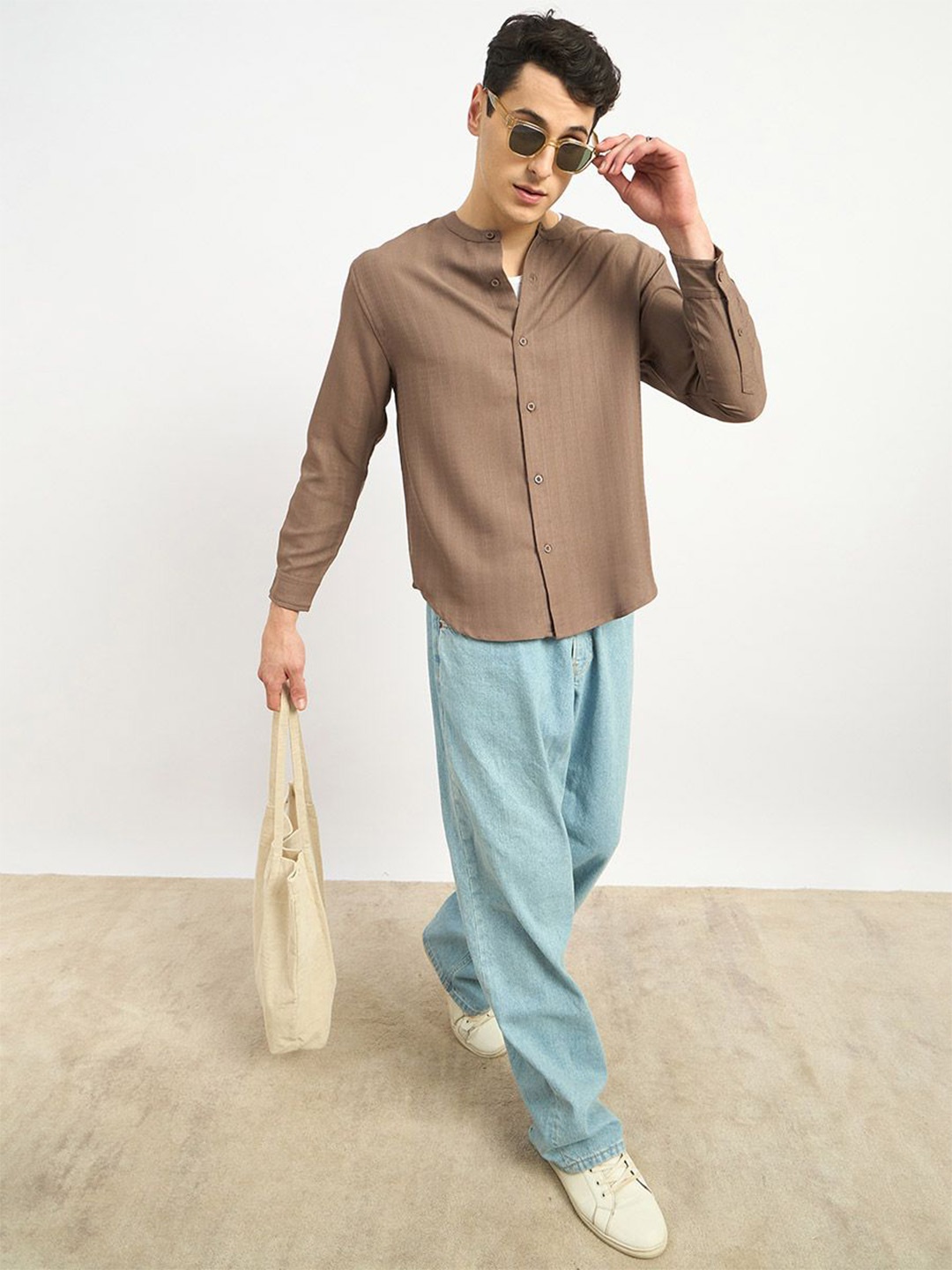 

Styli Men Relaxed Fit Festive Pattern Collarless Shirt, Coffee brown