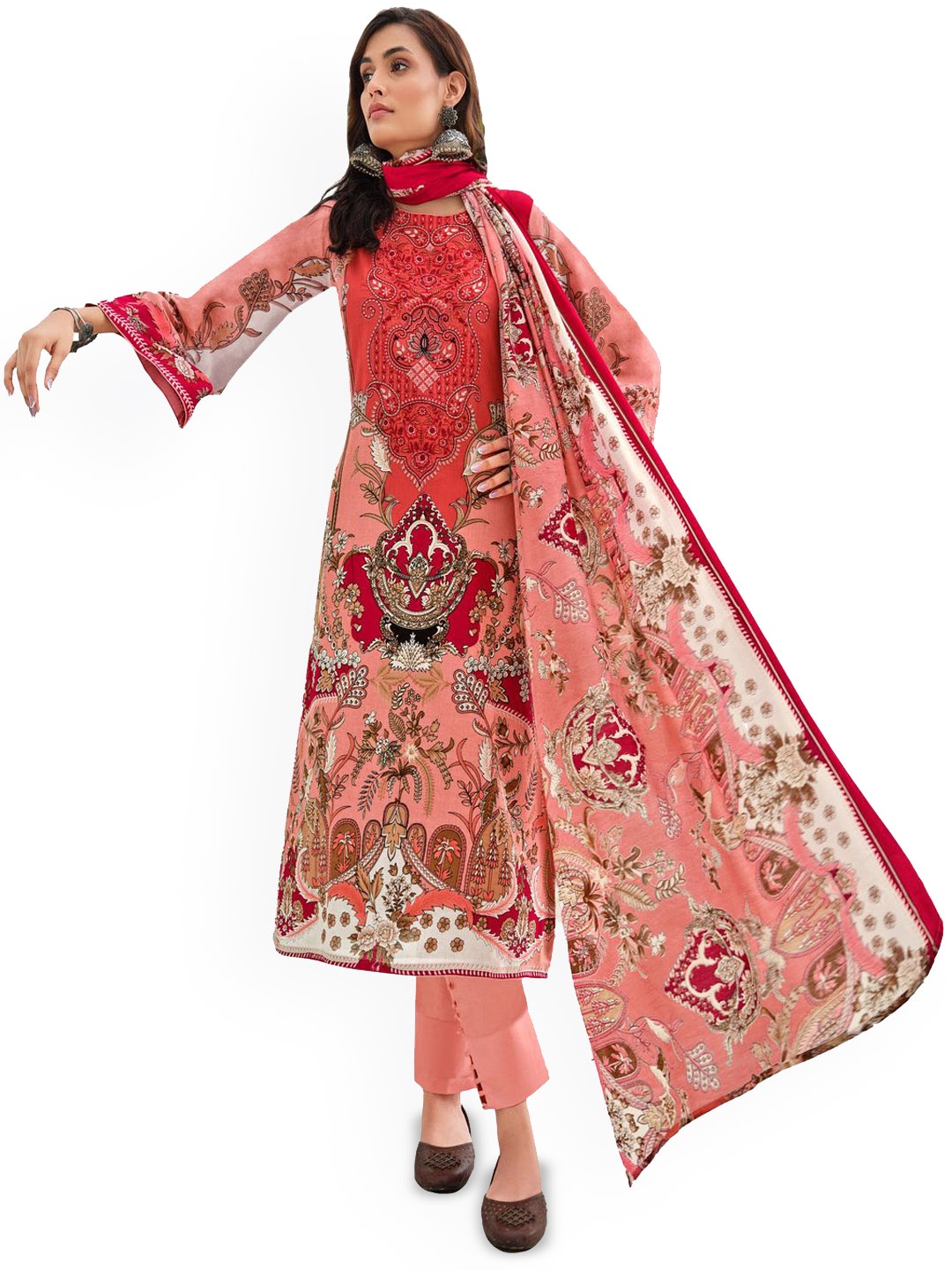 

DRAVINAM Trends Embroidered Pure Cotton Unstitched Dress Material, Peach