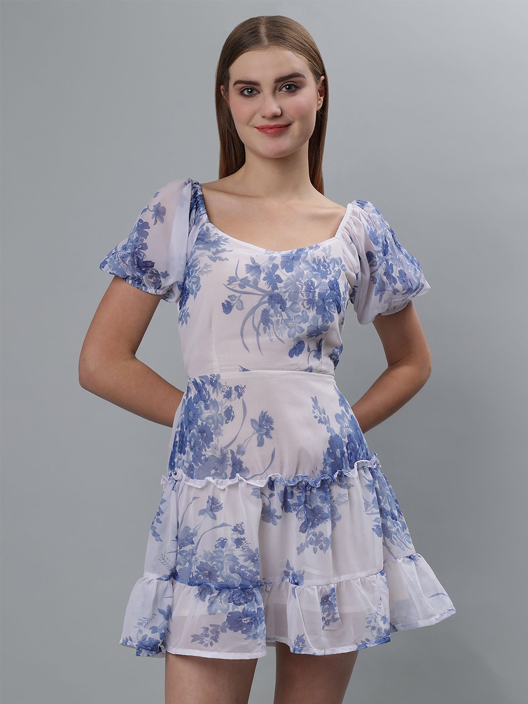 

ETRAANA Floral Print Puff Sleeve Georgette Fit & Flare Midi Dress, Blue