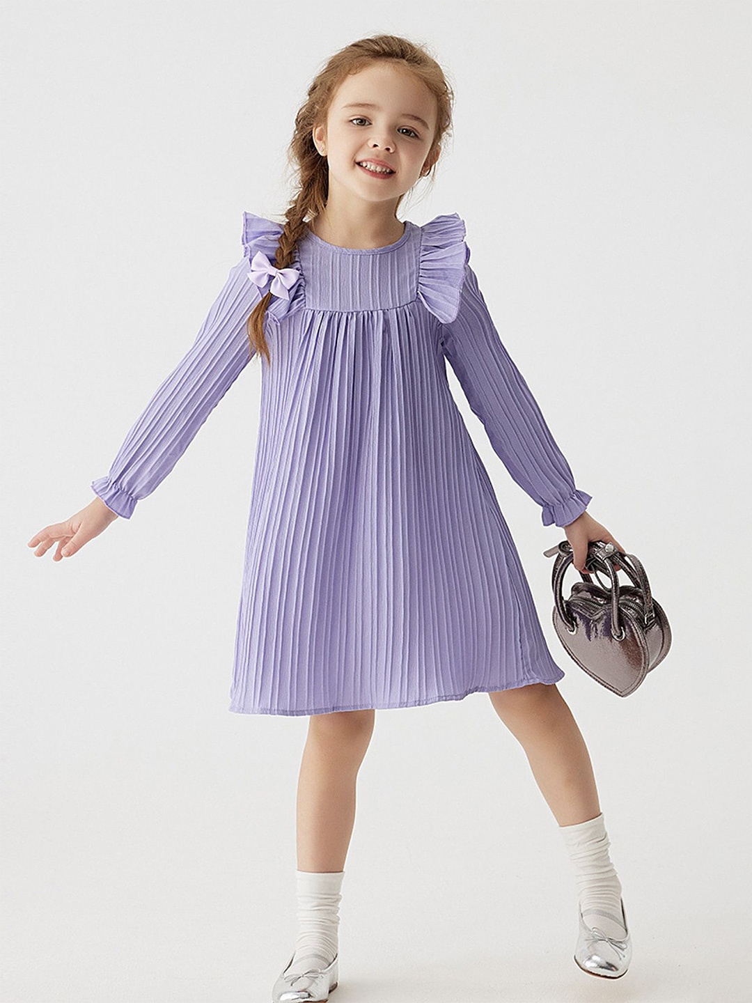

LULU & SKY Striped Puff Sleeve A-Line Dress, Purple