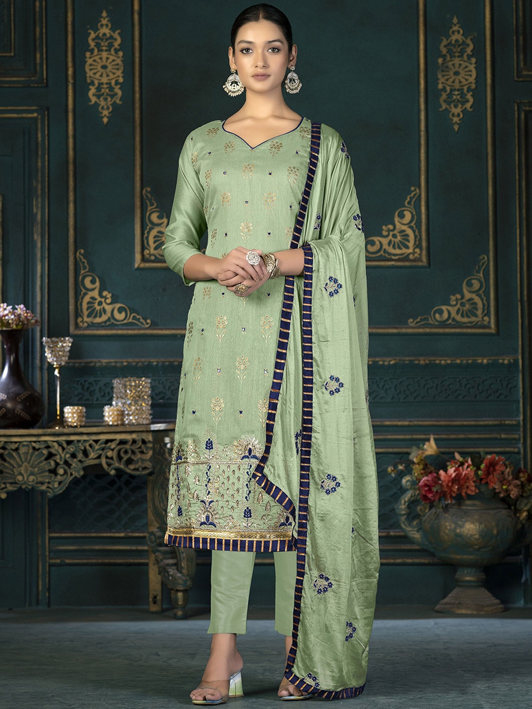 

SAINOOR Embroidered Semi-Stitched Dress Material, Olive