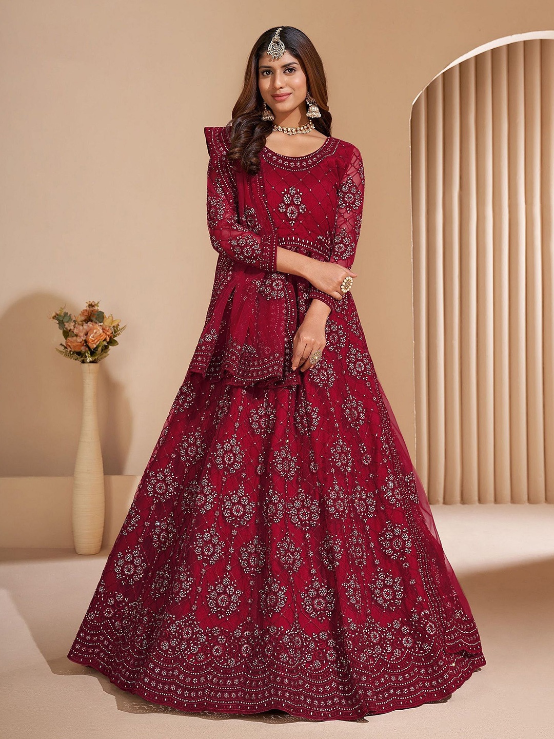 

APNISHA Ethnic Motifs Embroidered Net Fit & Flare Maxi Dress, Maroon