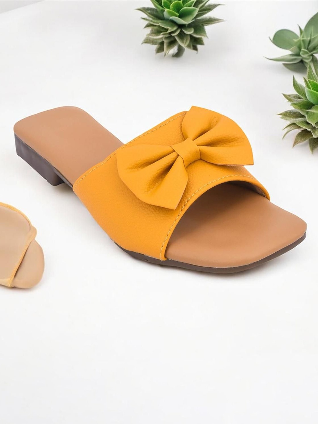 

GERIEF Women Open Toe Flats with Bows, Yellow