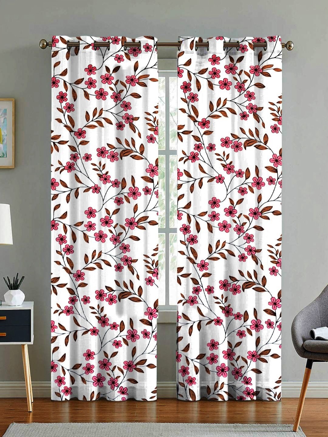 

ANA Pink & White Set of 2 Floral Room Darkening Door Curtain