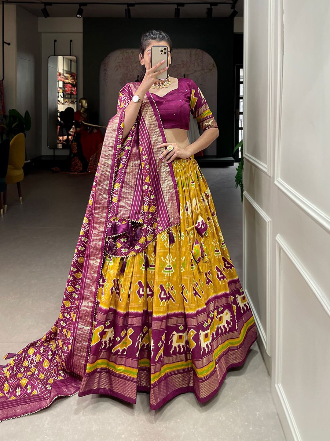 

RADHVI BIZ Printed Kalamkari Ready to Wear Lehenga & Unstitched Blouse With Dupatta, Yellow
