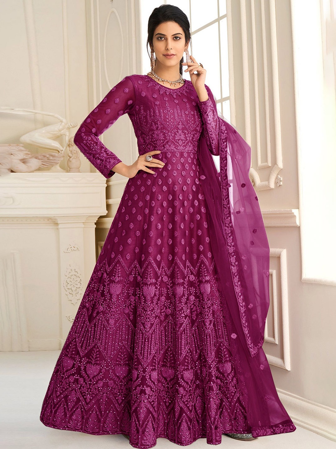 

LADY SHOPI Embellished Embroidered Net Fit & Flare Maxi Dress, Multi