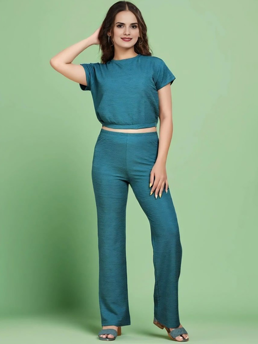 

Moda Rapido Round Neck Top With Trousers Co-Ords, Teal