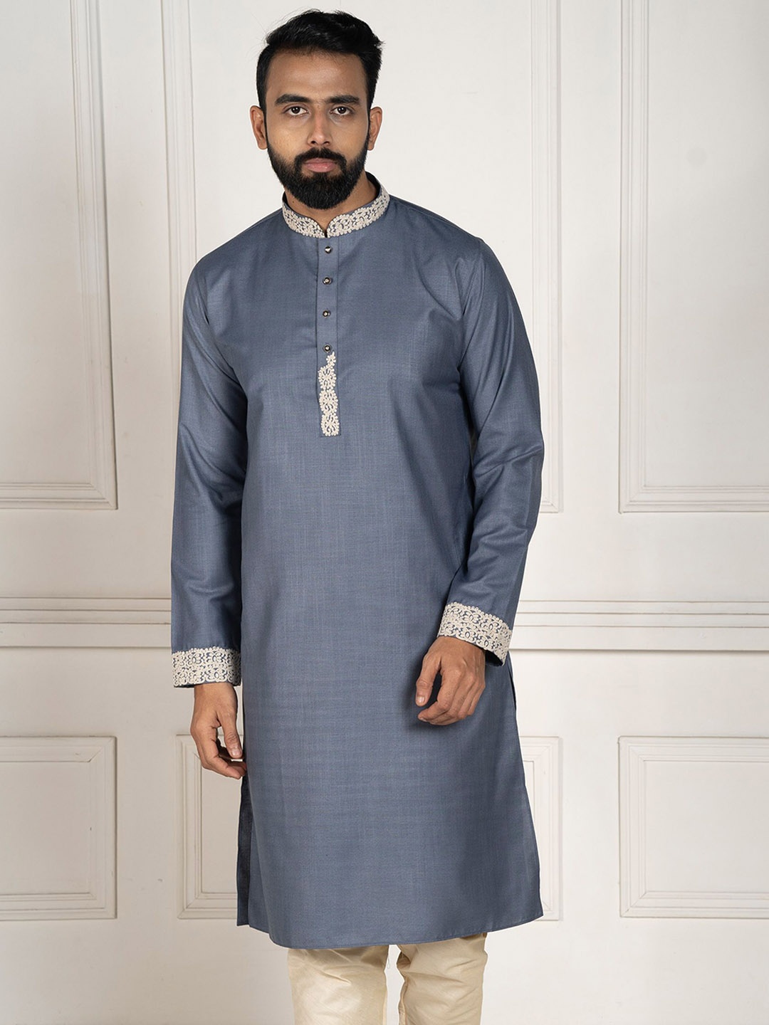 

KHAAS Men Ethnic Motifs Thread Work Organic Cotton Kurta, Grey