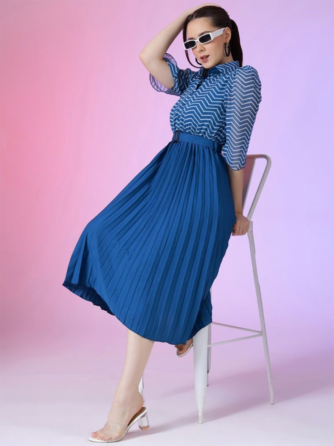 

Jash Creation Print Puff Sleeve Applique Georgette Fit & Flare Dress, Blue