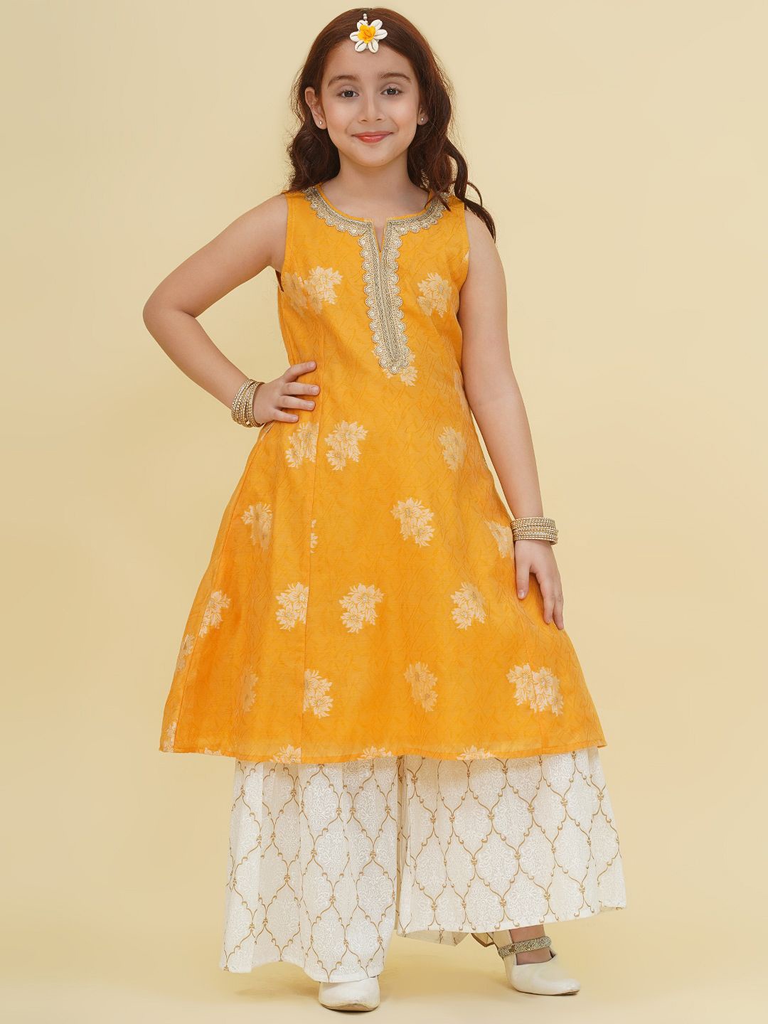 

Bitiya by Bhama Girls Ethnic Motifs Empire Gotta Patti Kurta with Sharara, Yellow