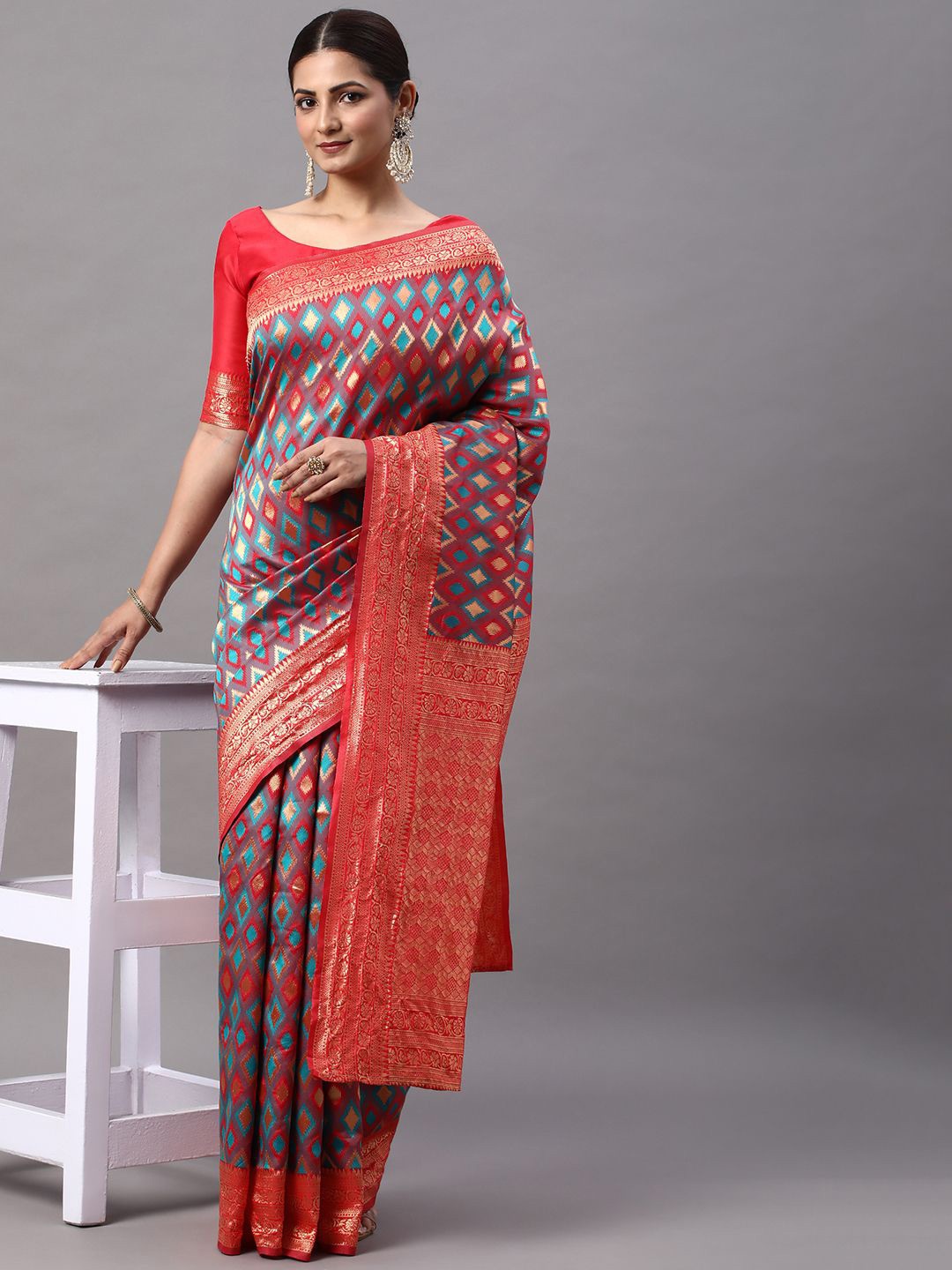 

KALINI Woven Design Zari Silk Blend Kanjeevaram Saree, Red