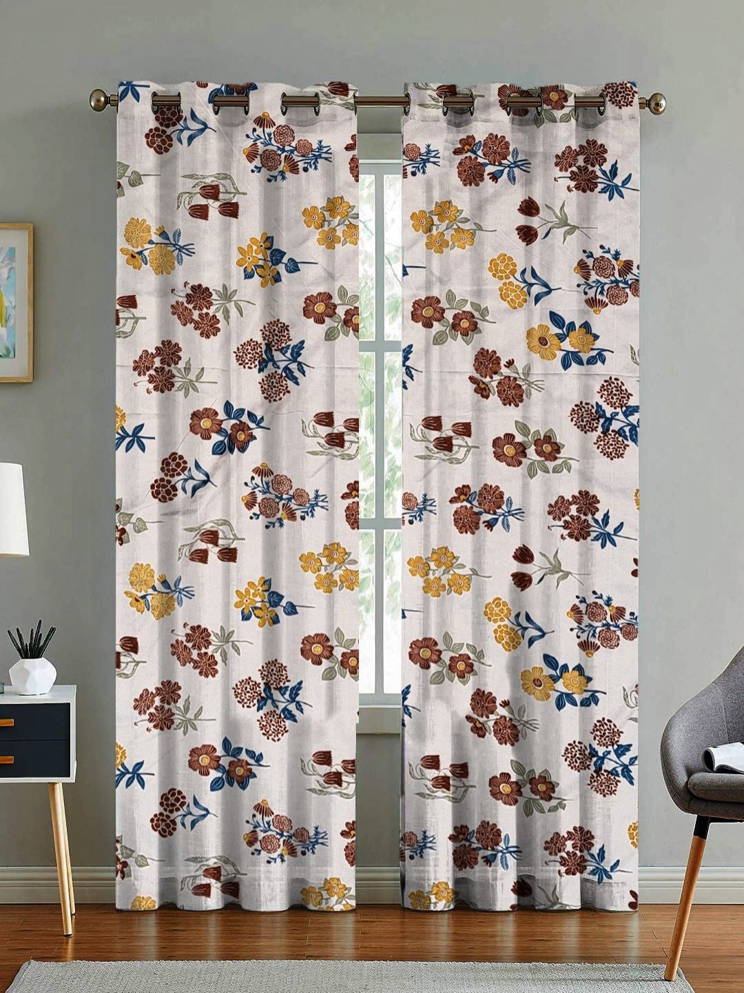 

ANA Cream-Coloured & Blue Set of 2 Floral Room Darkening Door Curtain