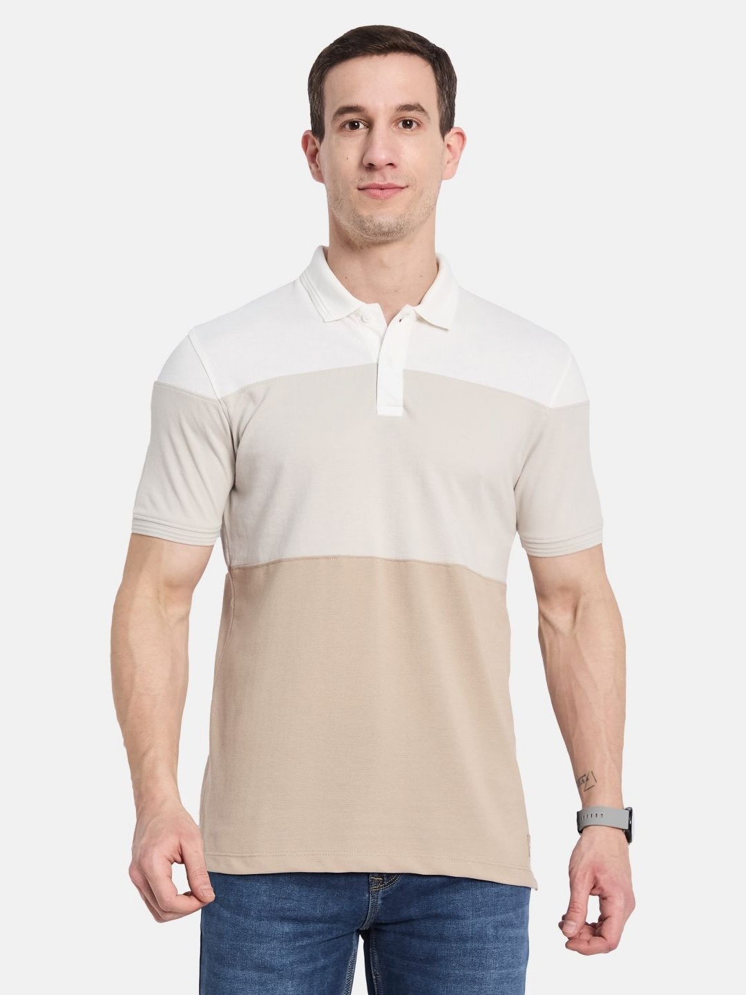 

Octave Men Colourblocked Polo Collar T-shirt, Beige