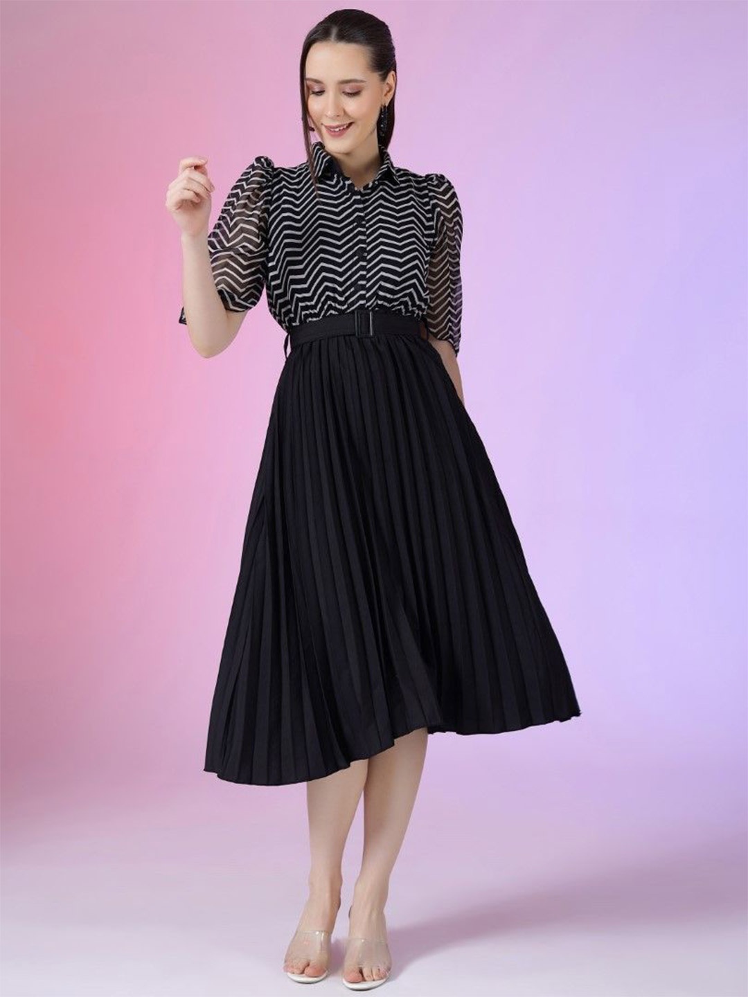 

Jash Creation Print Puff Sleeve Applique Georgette Fit & Flare Dress, Black